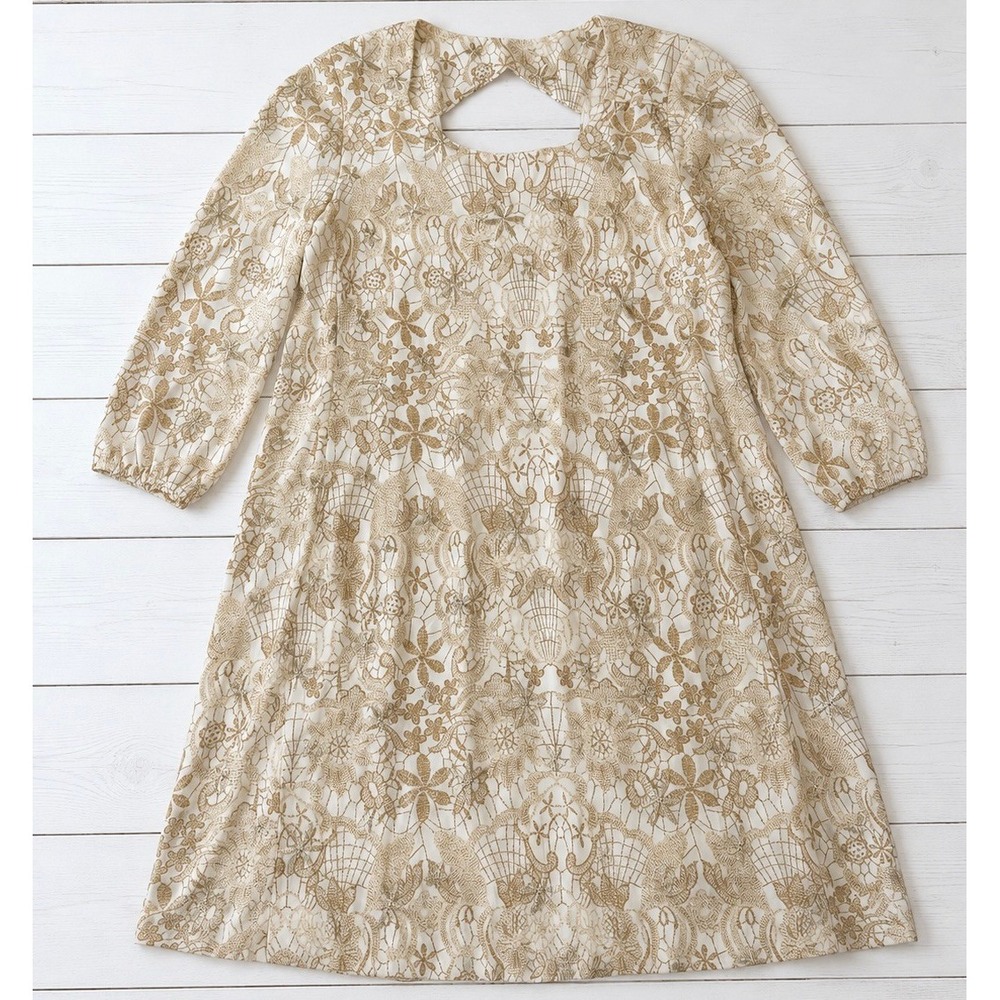 ECI New York Womens Beige Lace Floral Shift Dress Keyhole Back Boho Lace Size S